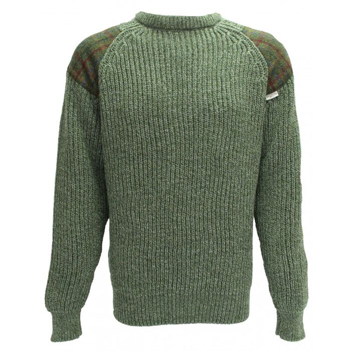 Gamekeeper- Chunky crew neck sweater with Harris Tweed patches